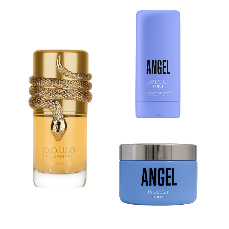 Kit Lattafa Musamam White Intense 100ml + Pasta Hidratante Angel 200g + Creme Hidratante Angel 200ml