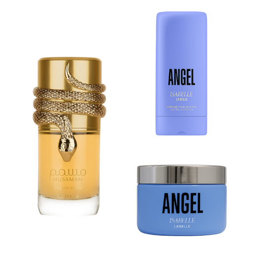 Kit Lattafa Musamam White Intense 100ml + Pasta Hidratante Angel 200g + Creme Hidratante Angel 200ml