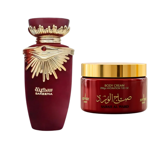 Kit Lattafa Sakeena 100ml + Pasta Hidratante Sabah Al Ward 200g