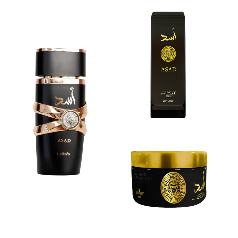 Kit Lattafa Asad 100ml + Pasta Hidratante Asad 200g + Creme Hidratante Asad 200ml